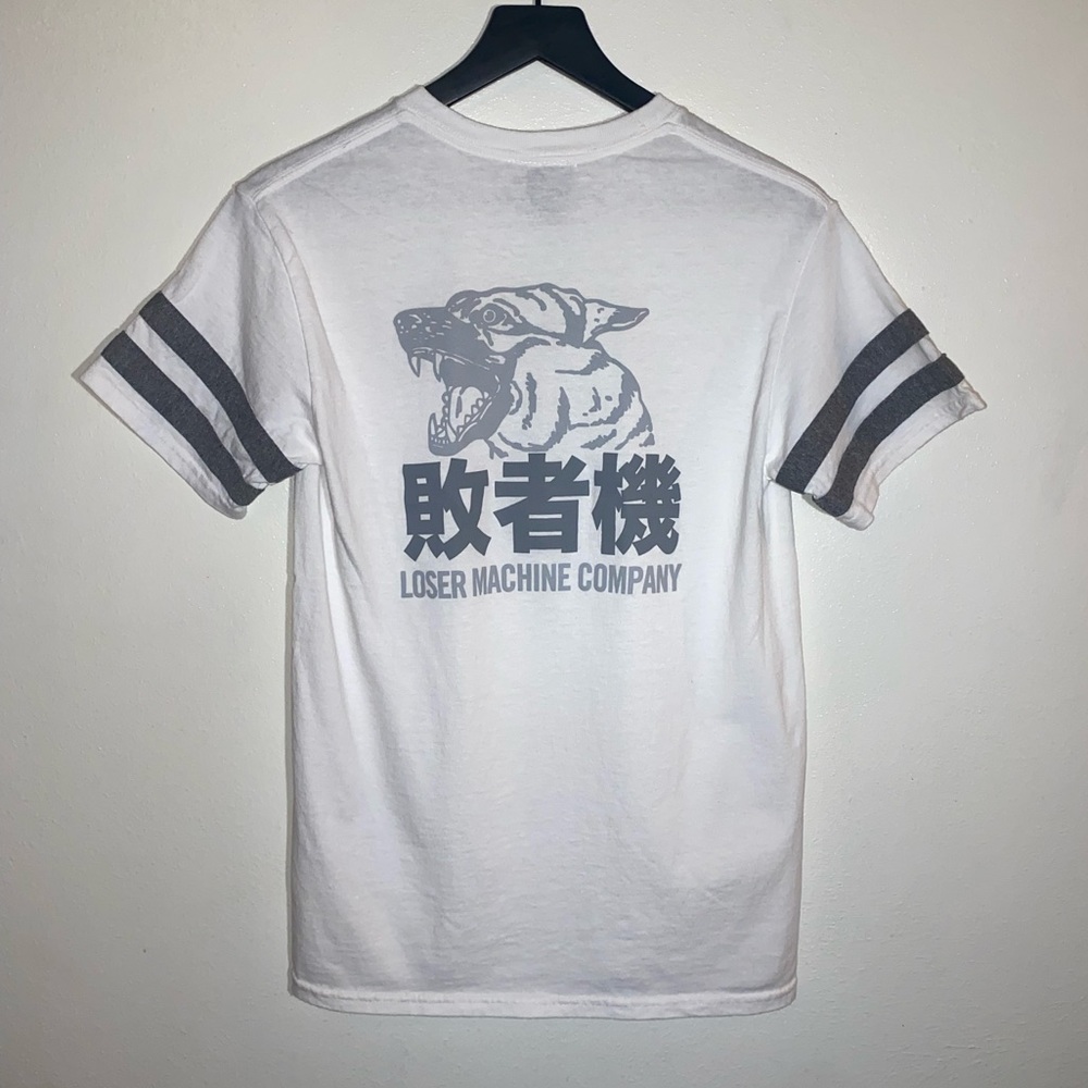 Loser Machine Company White Graphic T-shirt With Grey Stripes & Asian Lettering